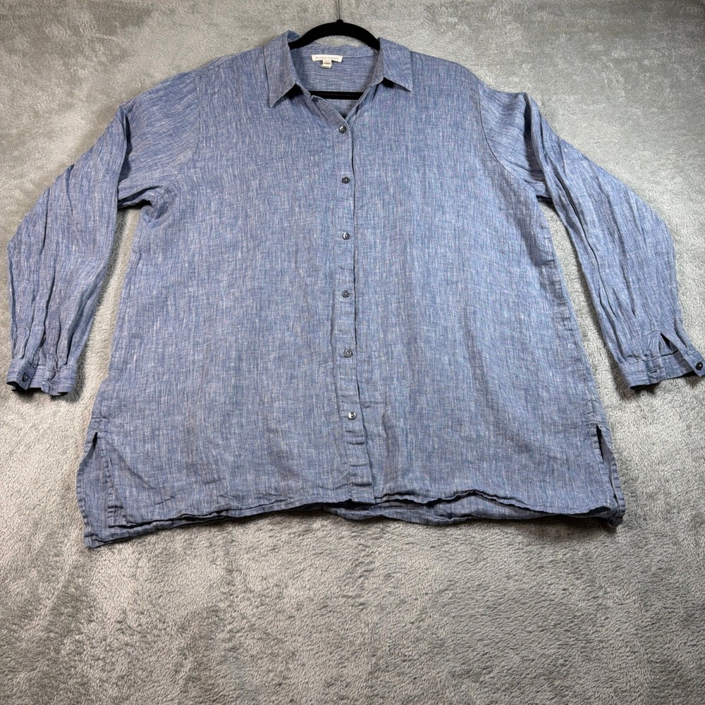 Eileen Fisher Linen Button Down Women Large Chambray Blue Long Sleeve Relaxed